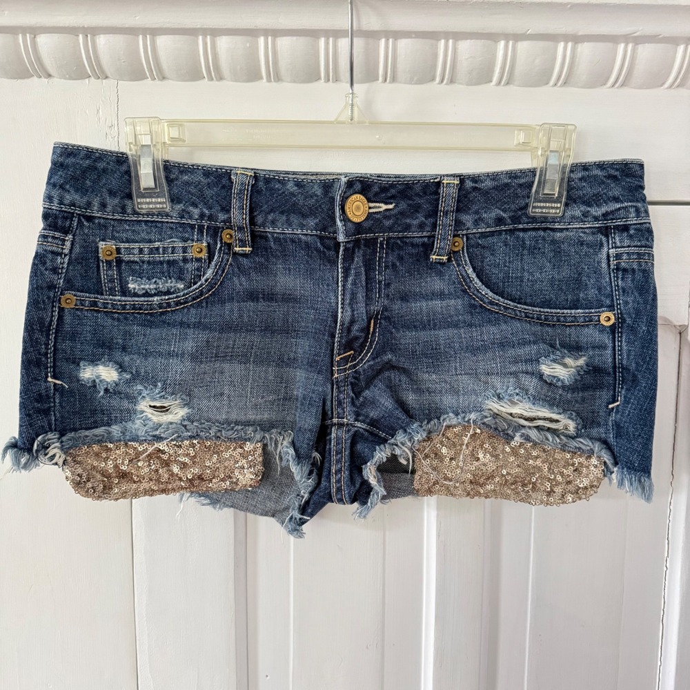 American Eagle Jean Micro Shorts Sequin Distressed Women's 4 Medium Wash Cut Off